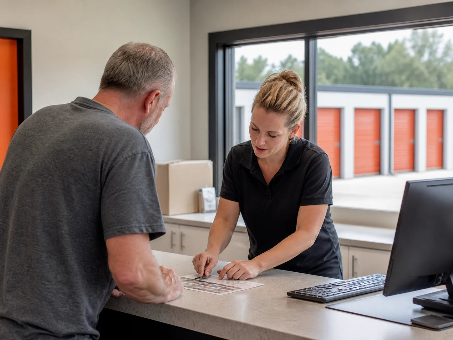 Self-storage manager helping a customer choose a unit