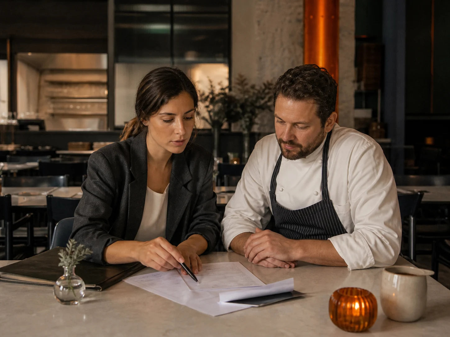 Restaurant event coordinator and chef reviewing a private dining request