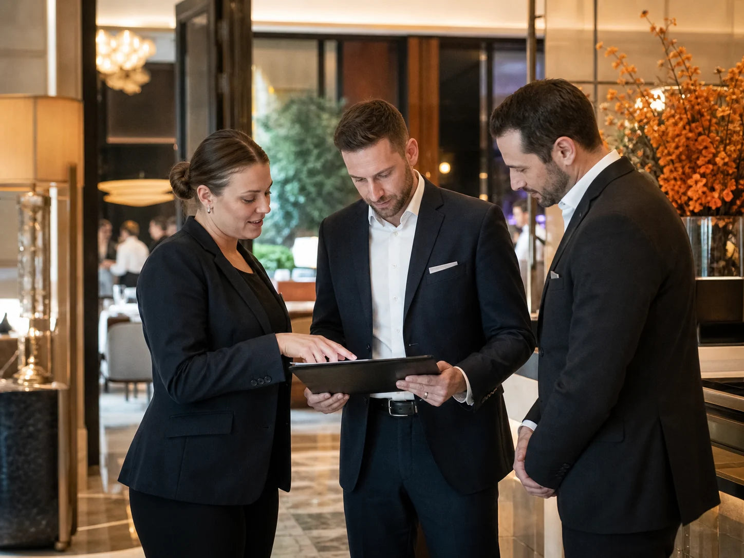 Hospitality operations managers reviewing a guest-service handoff