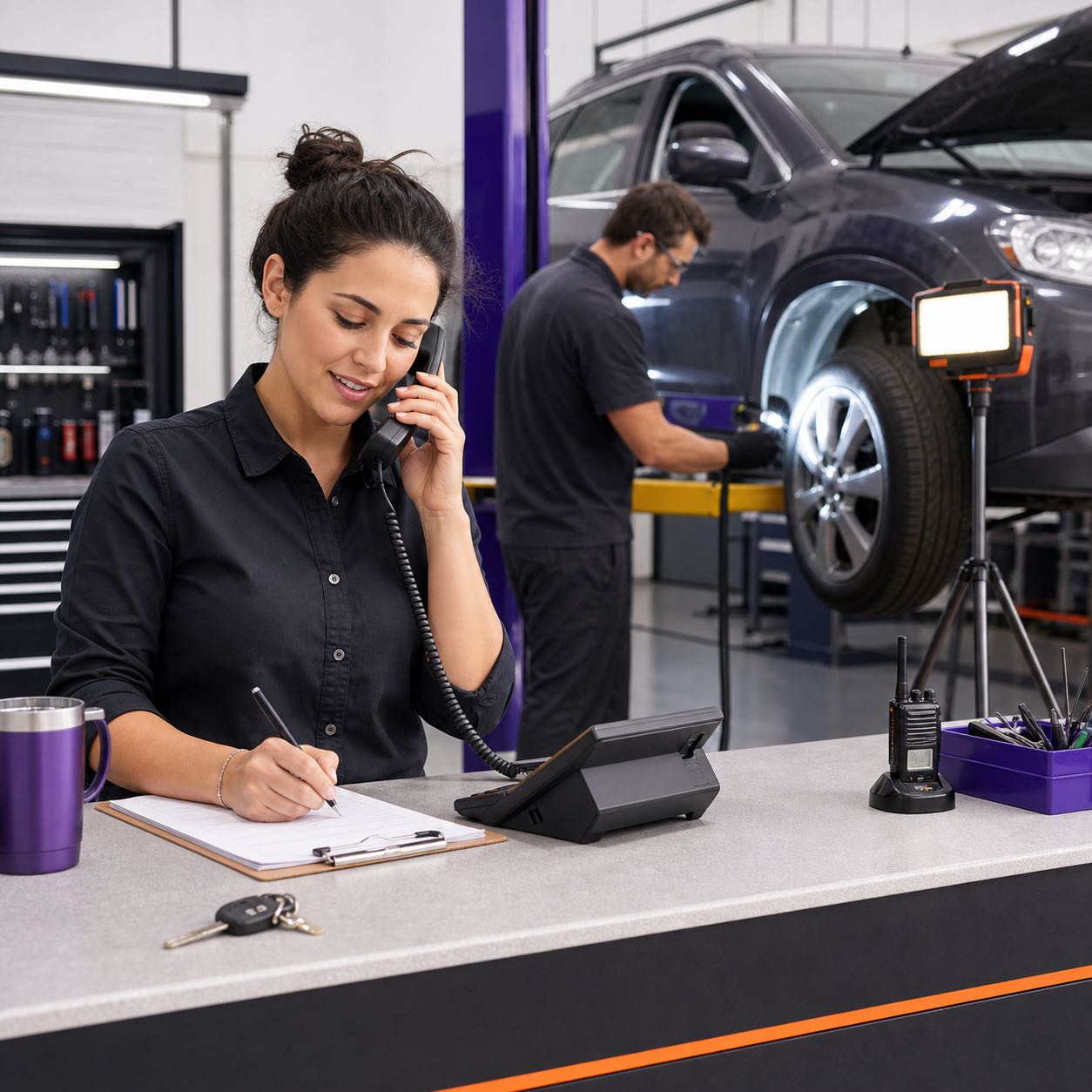 Automotive service advisor answering a call while a technician inspects a vehicle