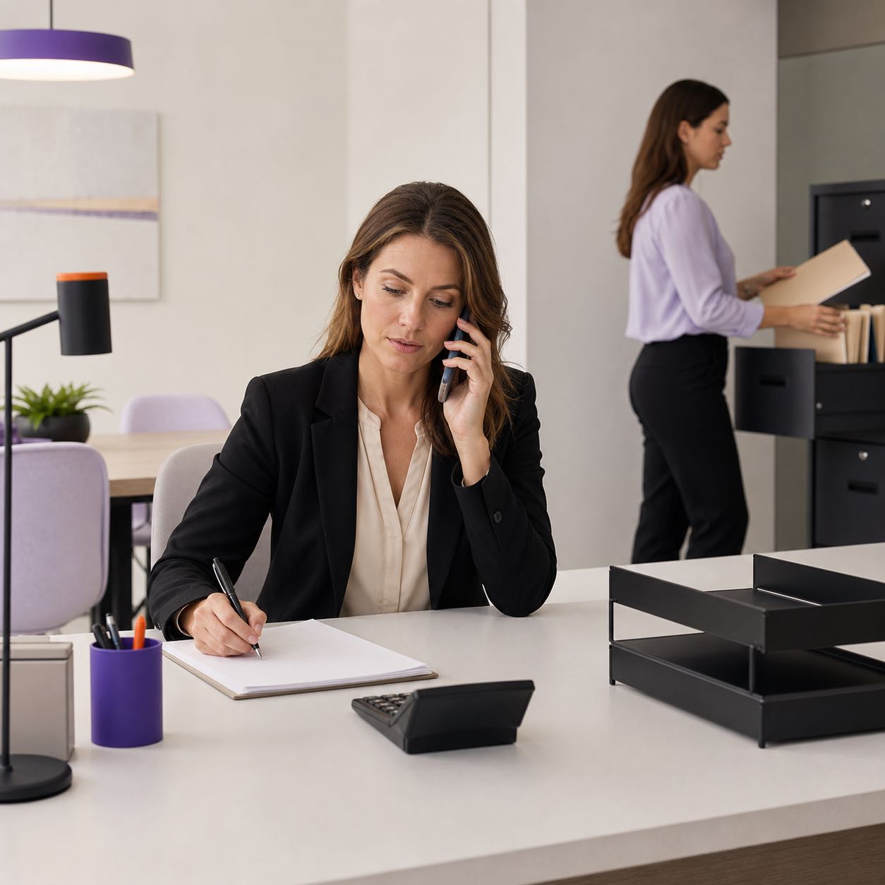 Professional-services advisor handling a client call while documents are organized