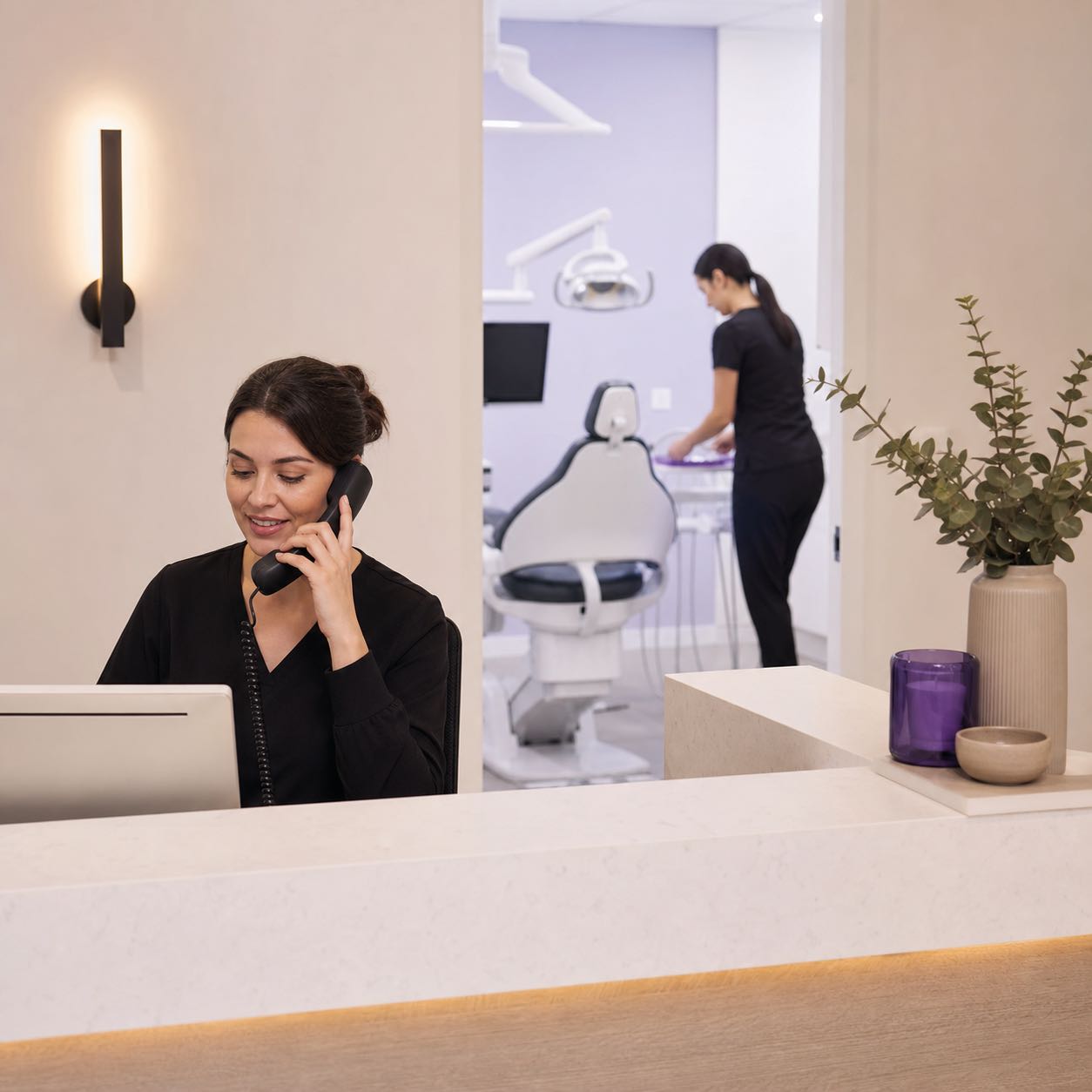 Dental receptionist answering a call while a treatment room is prepared