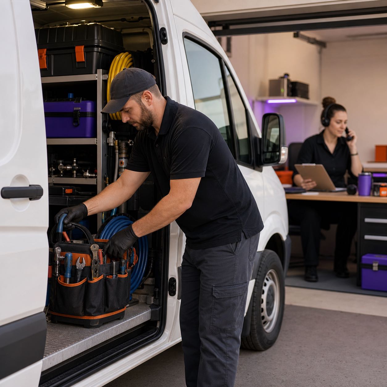 Home-service technician preparing tools while a dispatcher handles a customer call