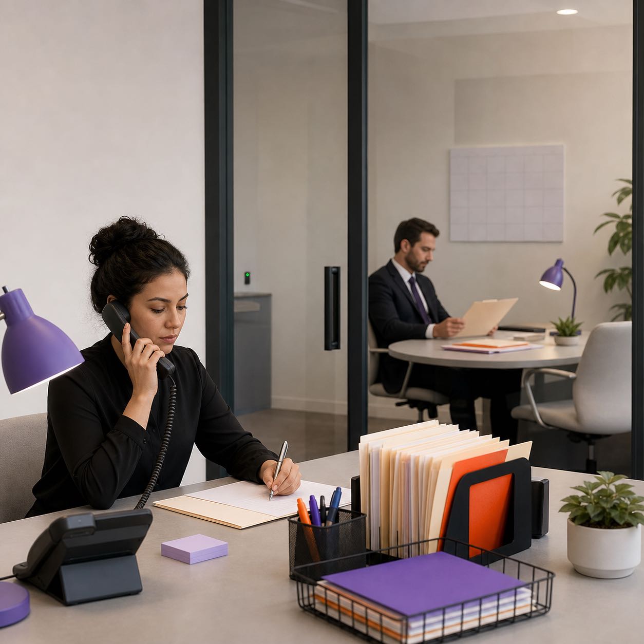 Legal intake coordinator answering a call while an attorney reviews a private file