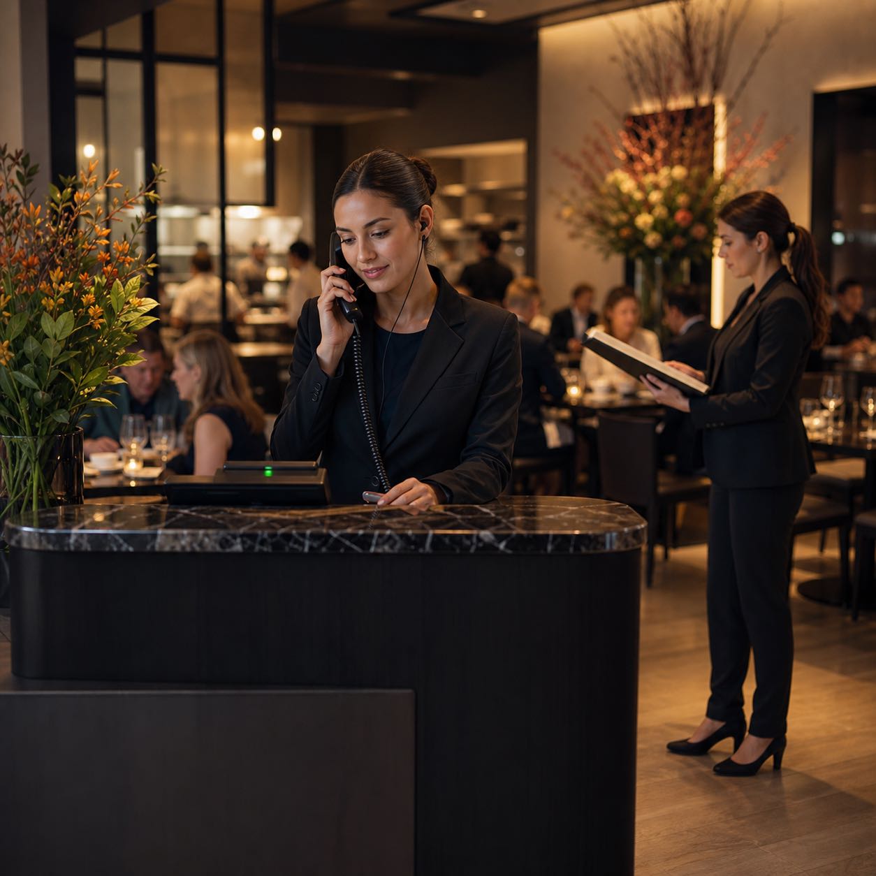 Restaurant host answering a reservation call during active service
